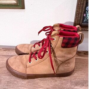 Timberland Plaid Roll Top Boots Tan Nubuck Red Buffalo Check Women 9